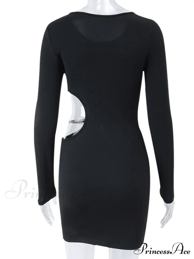 Waist Hollowed Black Long Sleeves Mini Dress image 4