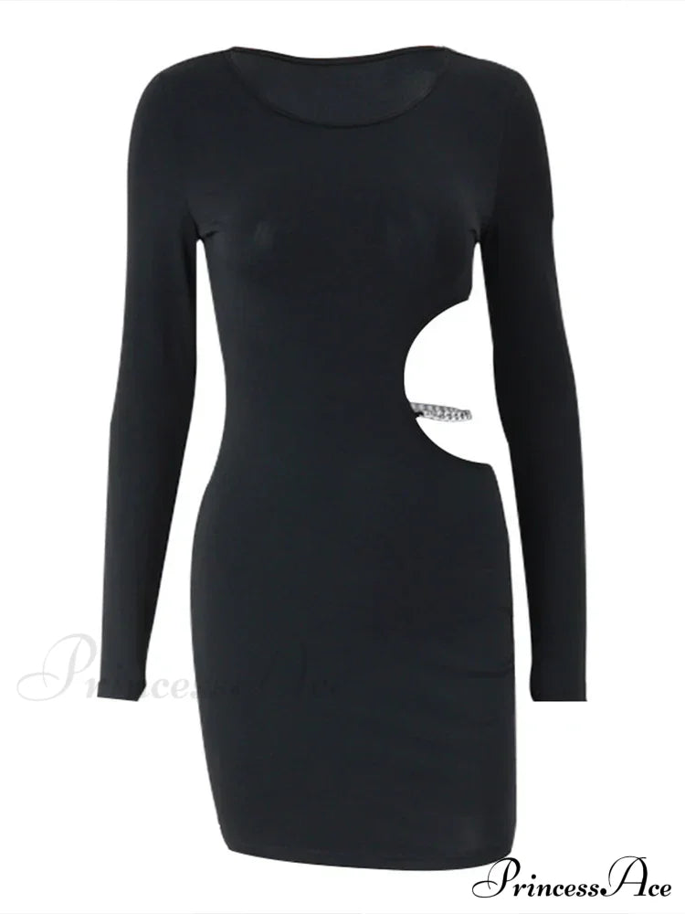 Waist Hollowed Black Long Sleeves Mini Dress image 3