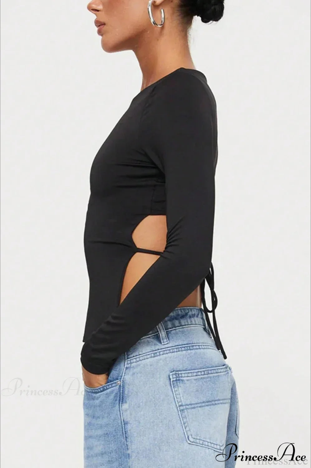 Waist-Tie Solid Color Crew Neck Long-Sleeve Cropped Knit Top image 5