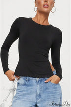 Waist-Tie Solid Color Crew Neck Long-Sleeve Cropped Knit Top image 3