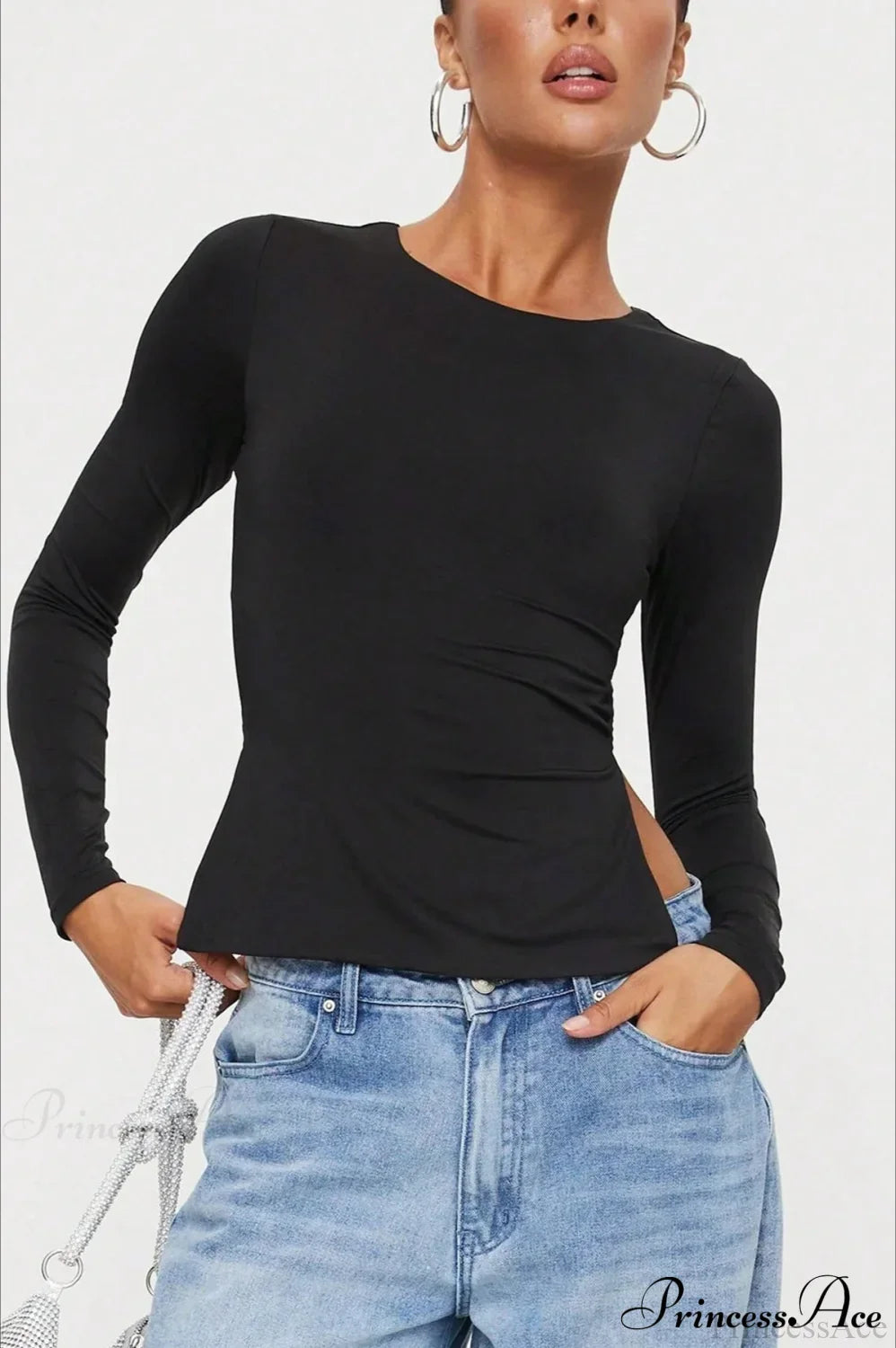 Waist-Tie Solid Color Crew Neck Long-Sleeve Cropped Knit Top image 3