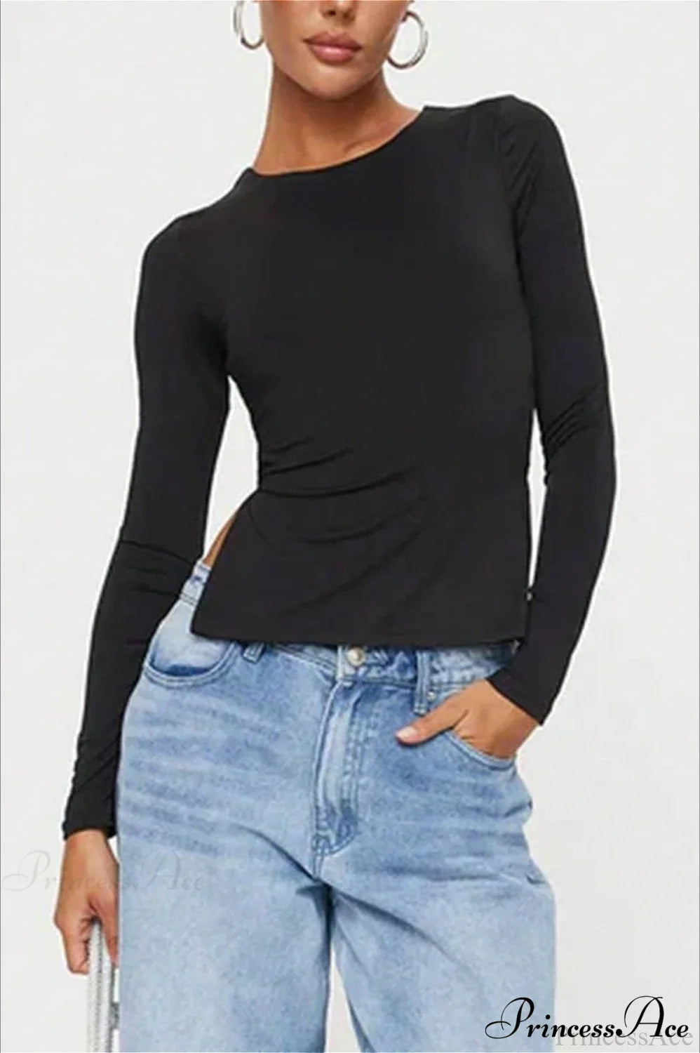 Waist-Tie Solid Color Crew Neck Long-Sleeve Cropped Knit Top image 2