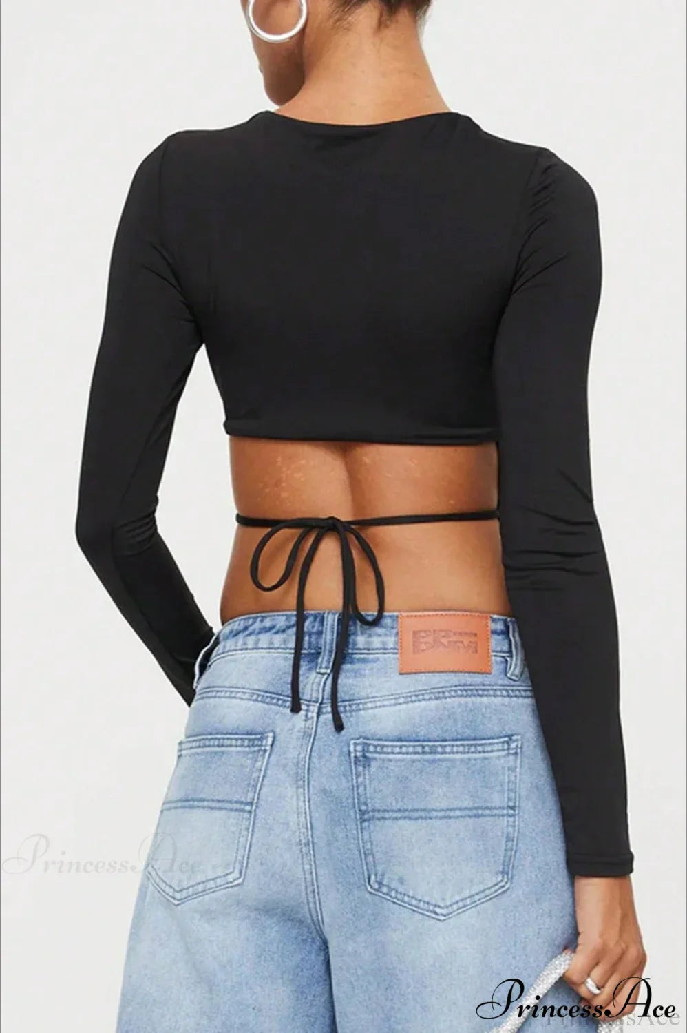 Waist-Tie Solid Color Crew Neck Long-Sleeve Cropped Knit Top image 4