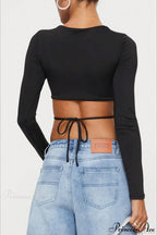 Waist-Tie Solid Color Crew Neck Long-Sleeve Cropped Knit Top image 4