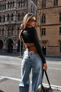 Waist-Tie Solid Color Crew Neck Long-Sleeve Cropped Knit Top image 1
