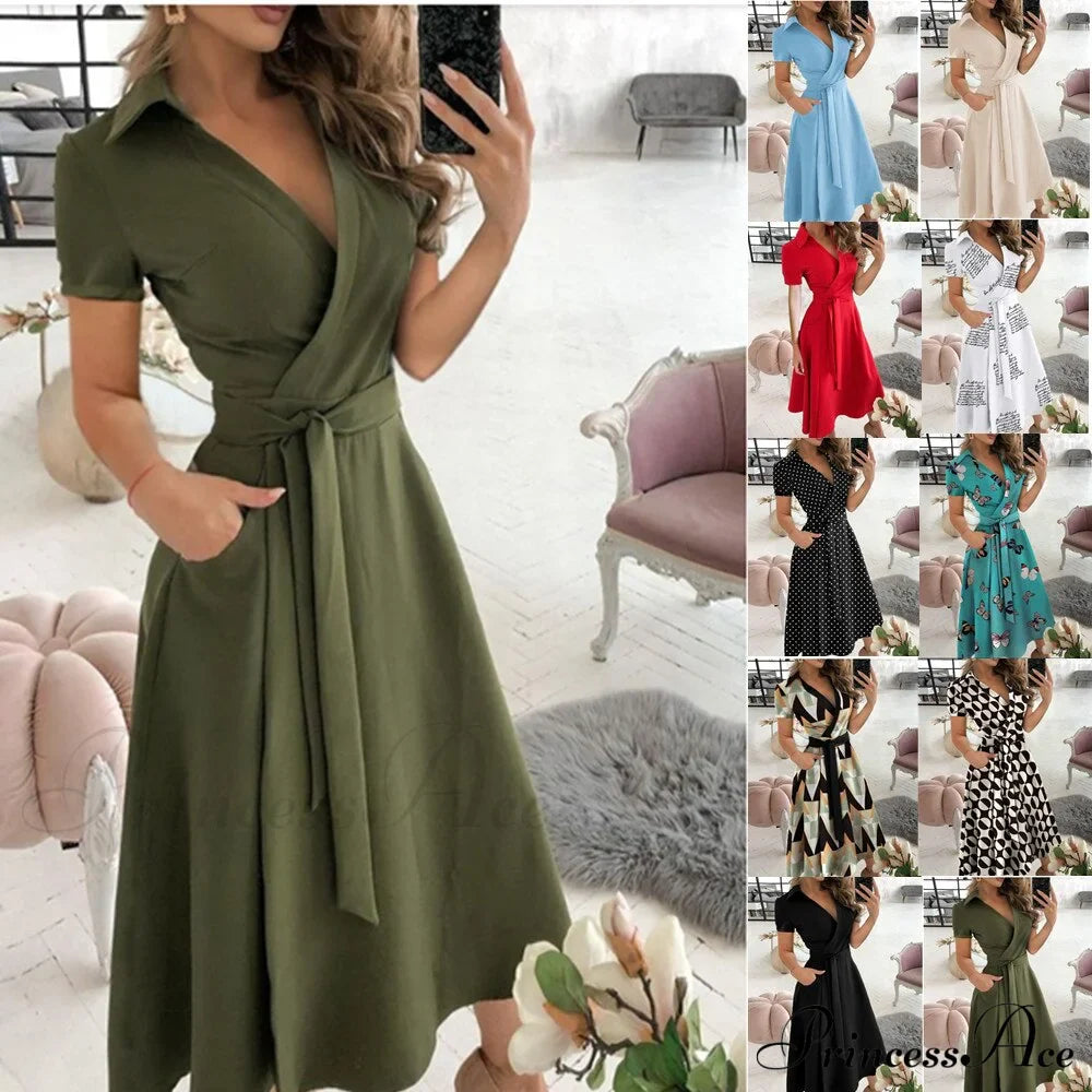 Warm-Season Retro Short-sleeved V-neck Gown Party Spring Patterned Fashion Belt image 3