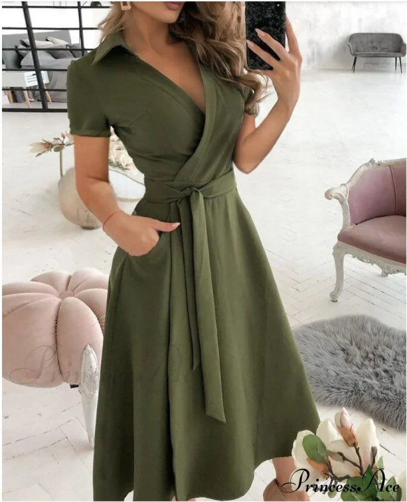 Warm-Season Retro Short-sleeved V-neck Gown Party Spring Patterned Fashion Belt image 10