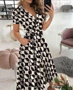 Warm-Season Retro Short-sleeved V-neck Gown Party Spring Patterned Fashion Belt image 6