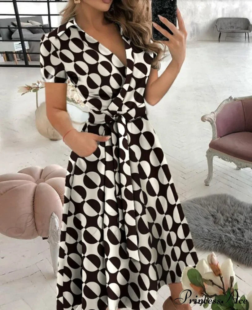 Warm-Season Retro Short-sleeved V-neck Gown Party Spring Patterned Fashion Belt image 6