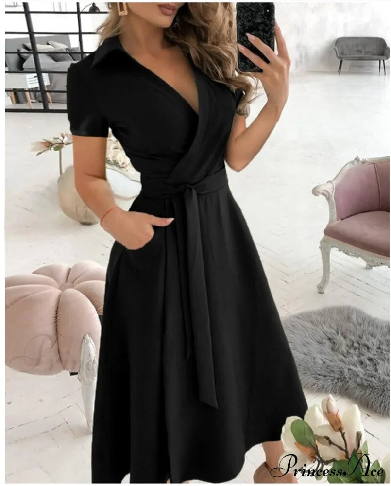 Warm-Season Retro Short-sleeved V-neck Gown Party Spring Patterned Fashion Belt image 5