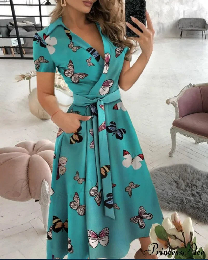Warm-Season Retro Short-sleeved V-neck Gown Party Spring Patterned Fashion Belt image 9