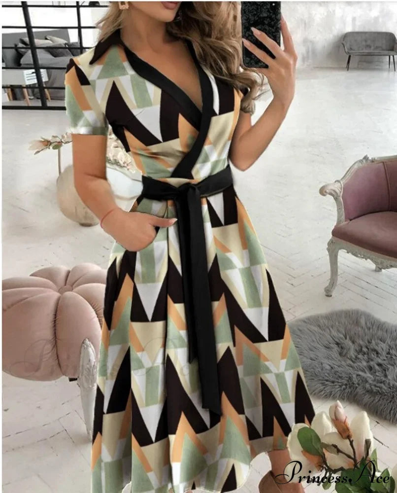 Warm-Season Retro Short-sleeved V-neck Gown Party Spring Patterned Fashion Belt image 7