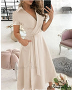 Warm-Season Retro Short-sleeved V-neck Gown Party Spring Patterned Fashion Belt image 11