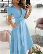 Warm-Season Retro Short-sleeved V-neck Gown Party Spring Patterned Fashion Belt image 13