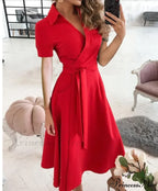 Warm-Season Retro Short-sleeved V-neck Gown Party Spring Patterned Fashion Belt image 12