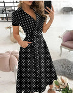 Warm-Season Retro Short-sleeved V-neck Gown Party Spring Patterned Fashion Belt image 4