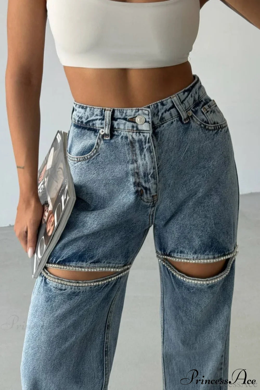 Washed Chain Distressed Straight Jeans image 2