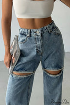 Washed Chain Distressed Straight Jeans image 2