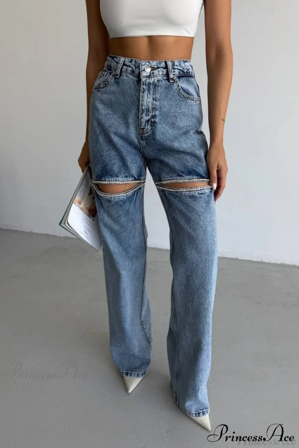 Washed Chain Distressed Straight Jeans image 1