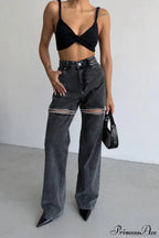 Washed Chain Distressed Straight Jeans image 3