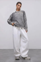 Washed Crew Neck Distressed Mid-Length Sweater image 7
