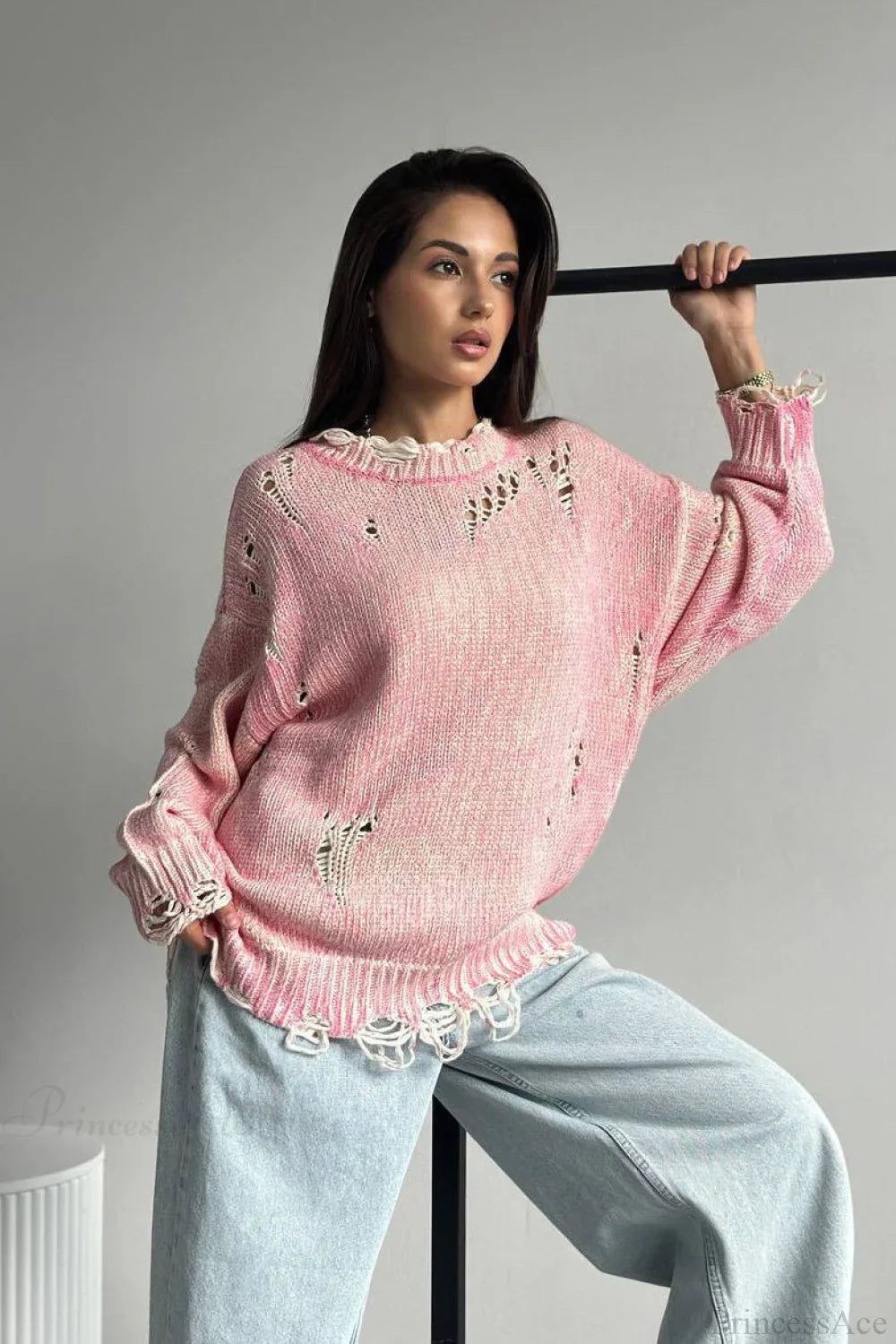 Washed Crew Neck Distressed Mid-Length Sweater image 1