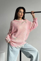 Washed Crew Neck Distressed Mid-Length Sweater image 1