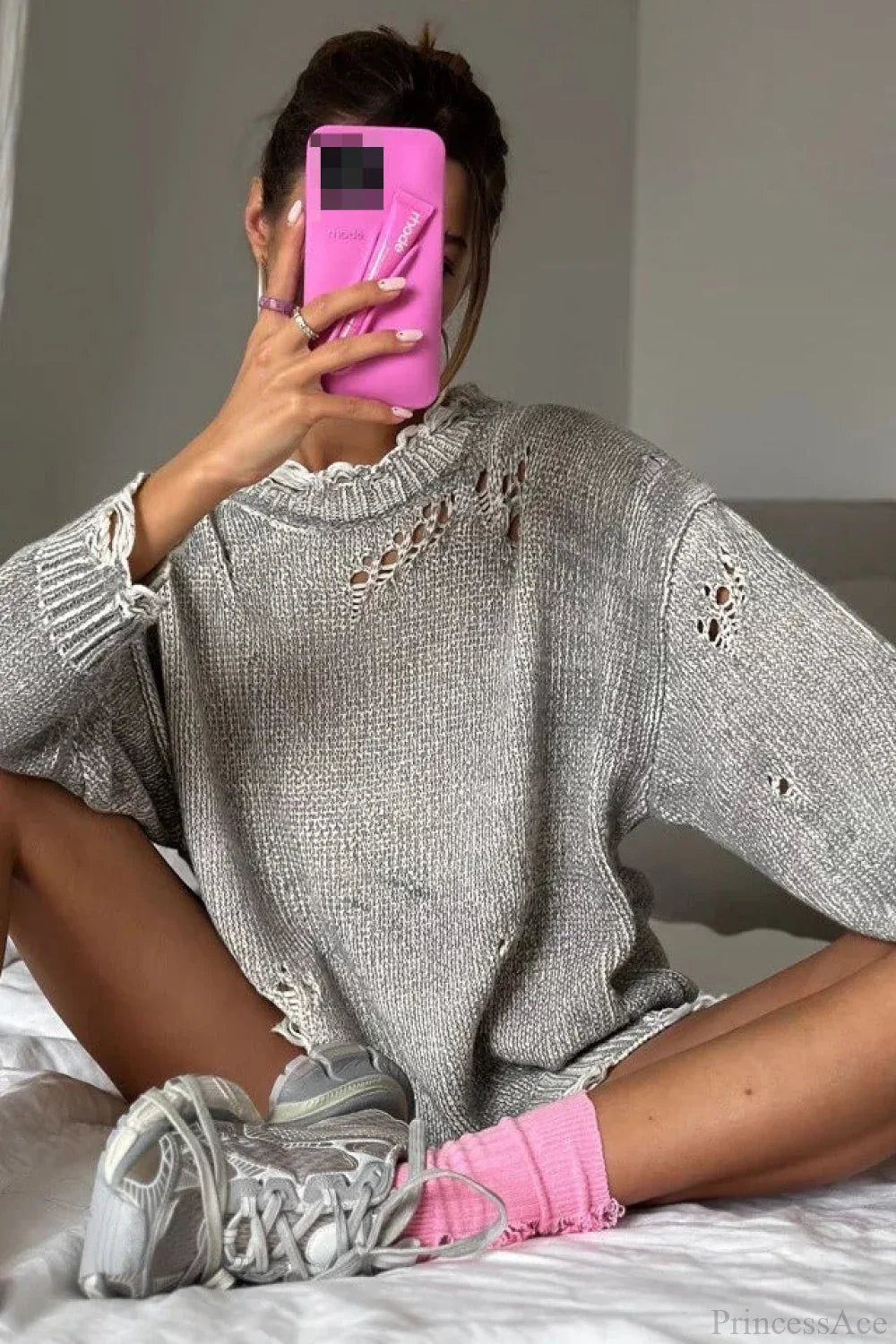 Washed Crew Neck Distressed Mid-Length Sweater image 6