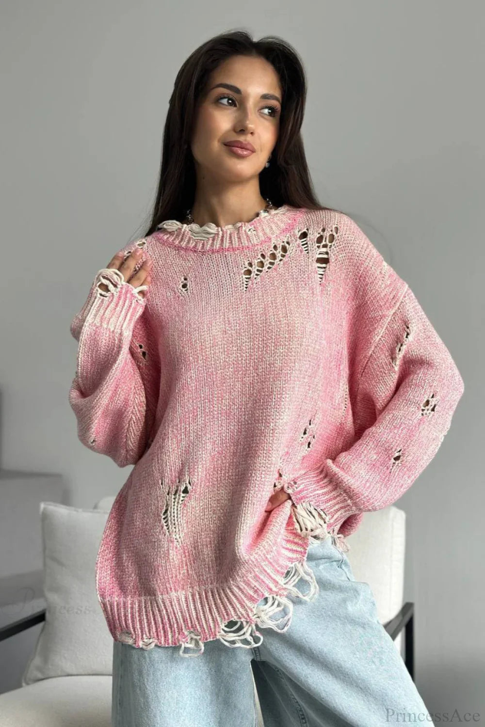 Washed Crew Neck Distressed Mid-Length Sweater image 2
