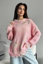 Washed Crew Neck Distressed Mid-Length Sweater image 2