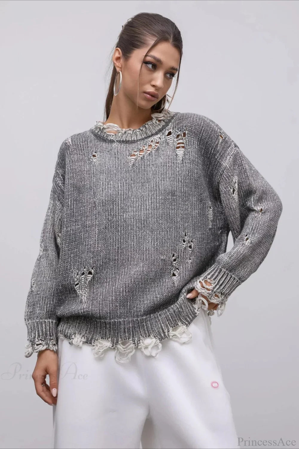 Washed Crew Neck Distressed Mid-Length Sweater image 8