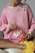 Washed Crew Neck Distressed Mid-Length Sweater image 3
