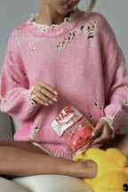 Washed Crew Neck Distressed Mid-Length Sweater image 3