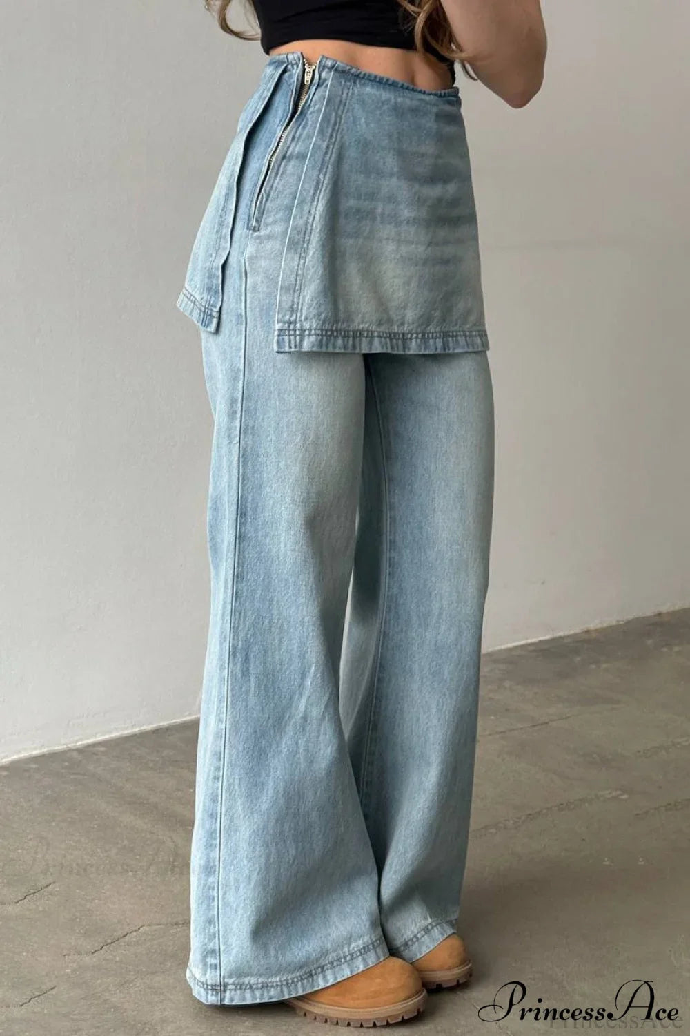 Washed Denim High Waisted Irregular Wide Leg Jeans image 3