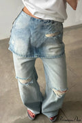 Washed Denim High Waisted Irregular Wide Leg Jeans image 5