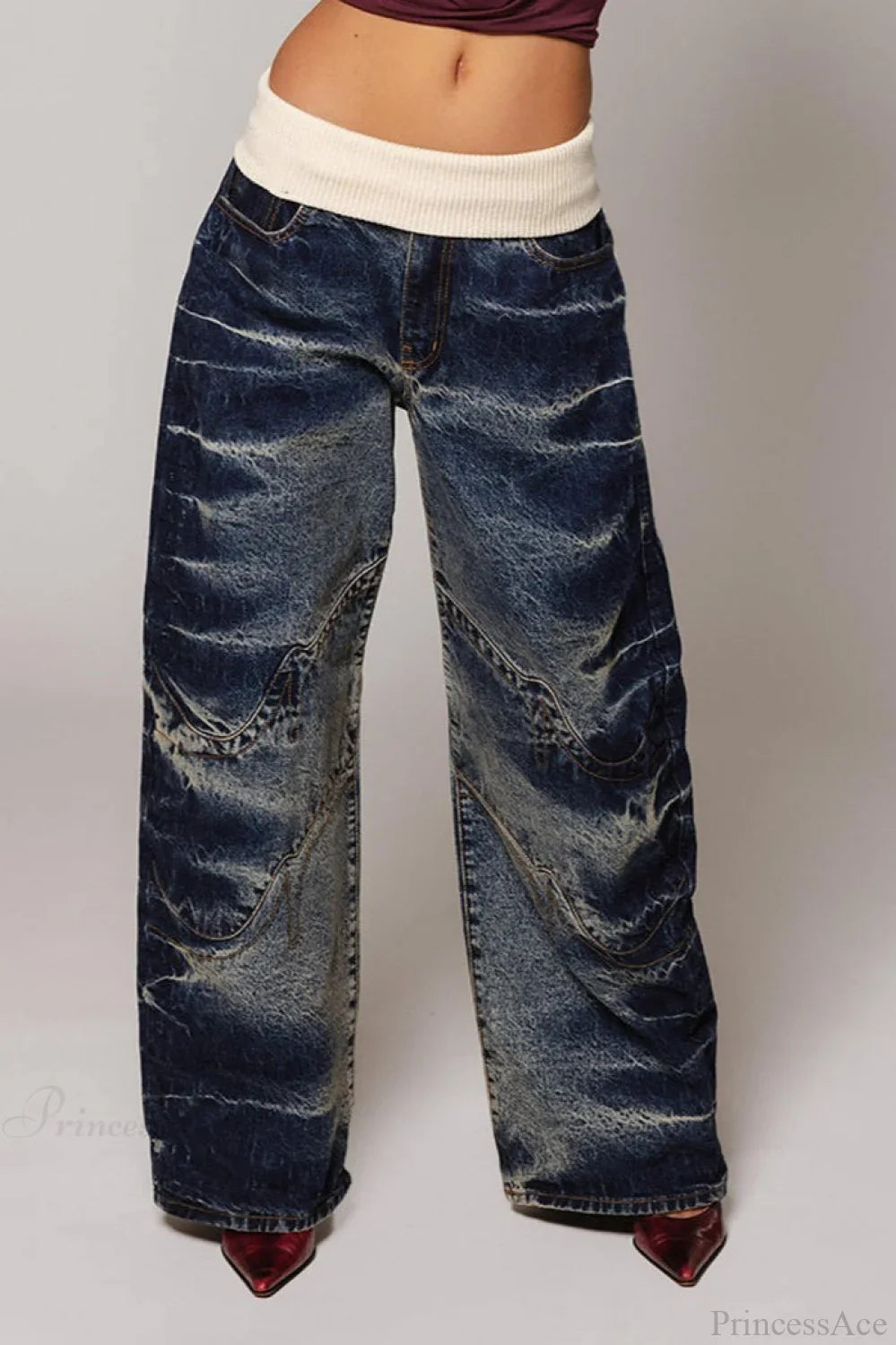 Washed Distressed Sporty Waist Wide Leg Jeans image 4