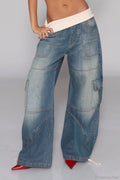 Washed Distressed Sporty Waist Wide Leg Jeans image 1