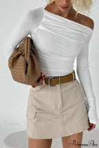 White Asymmetrical Neck Cold Shoulder Knit Long Sleeve Tee image 3