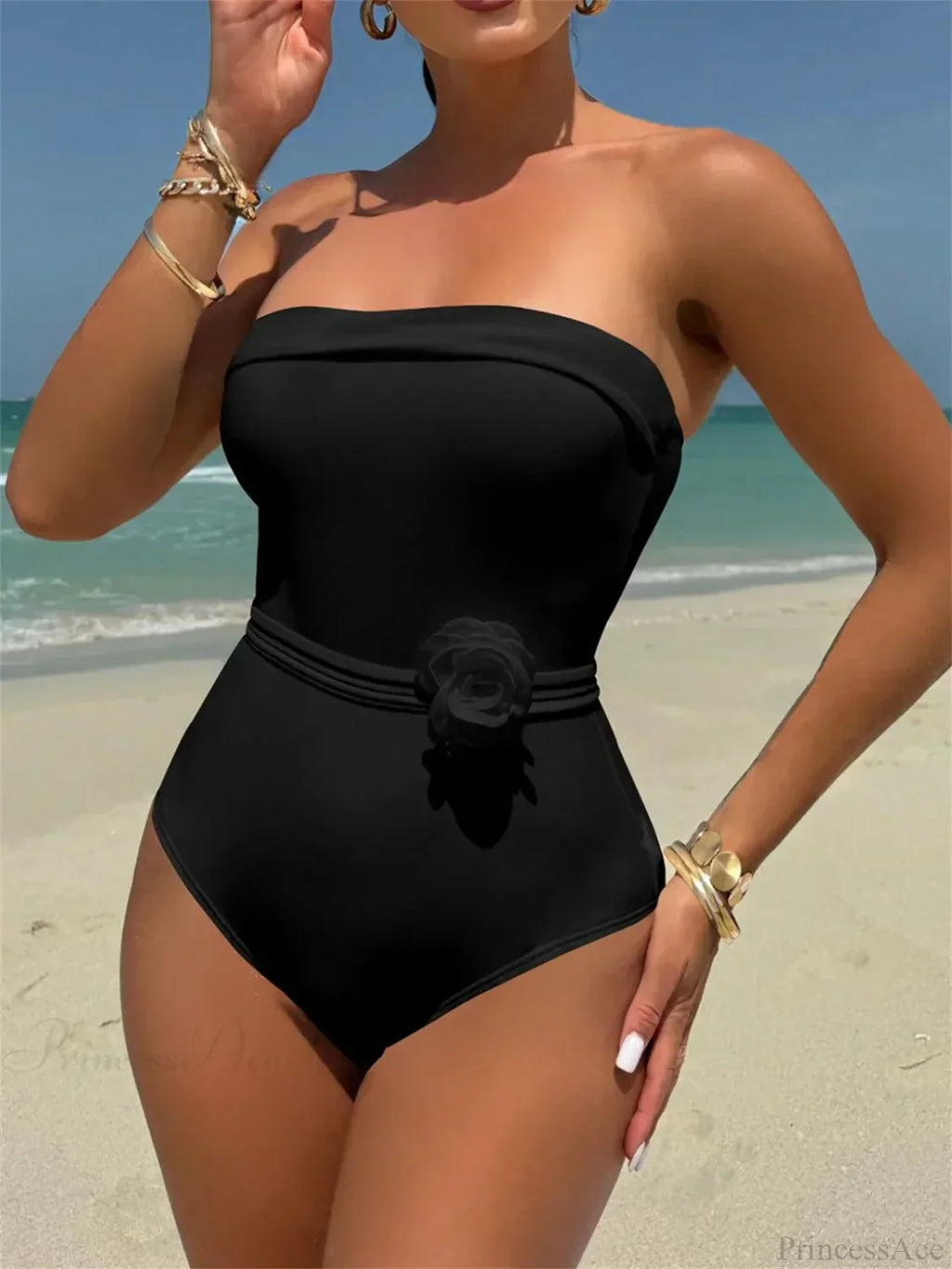 White Black 3D Flower One Piece Swimsuit image 2
