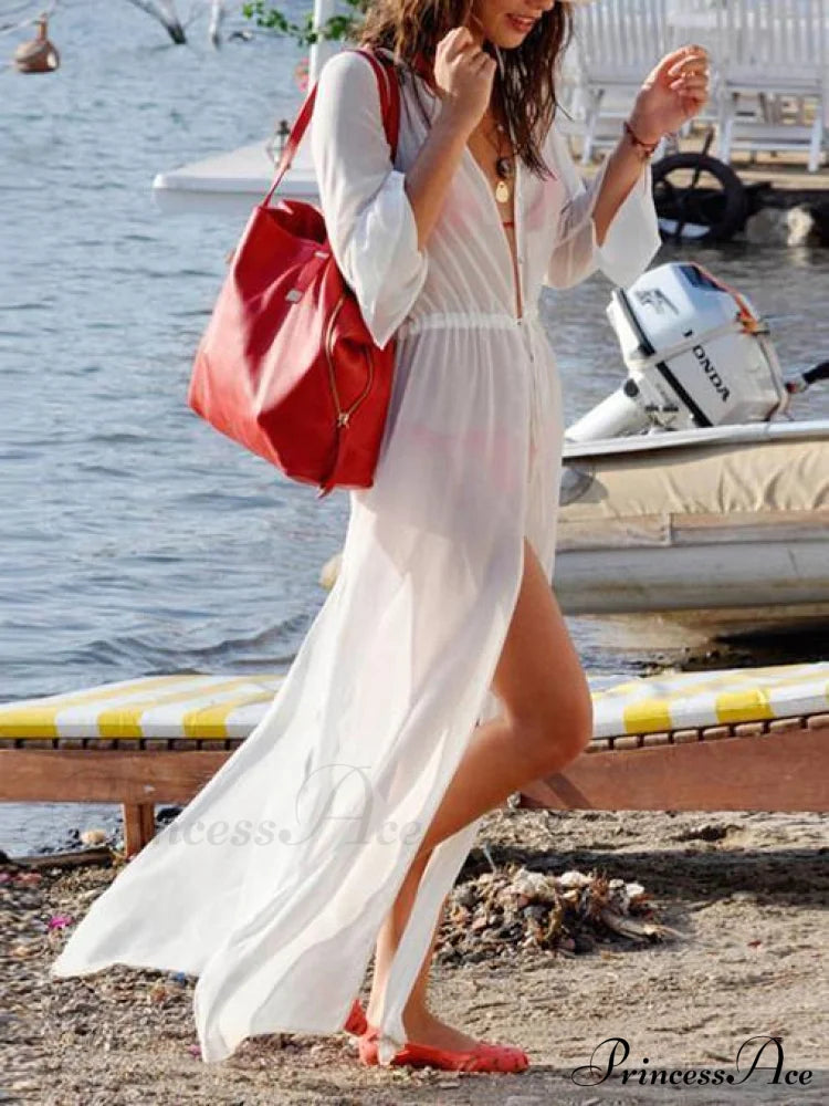 White Chiffon Maxi Beach Dress Cover-up with Long Sleeves image 2