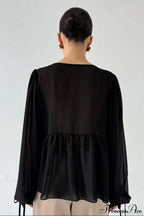 White Chiffon Ruffled Tie V Neck Blouse image 6