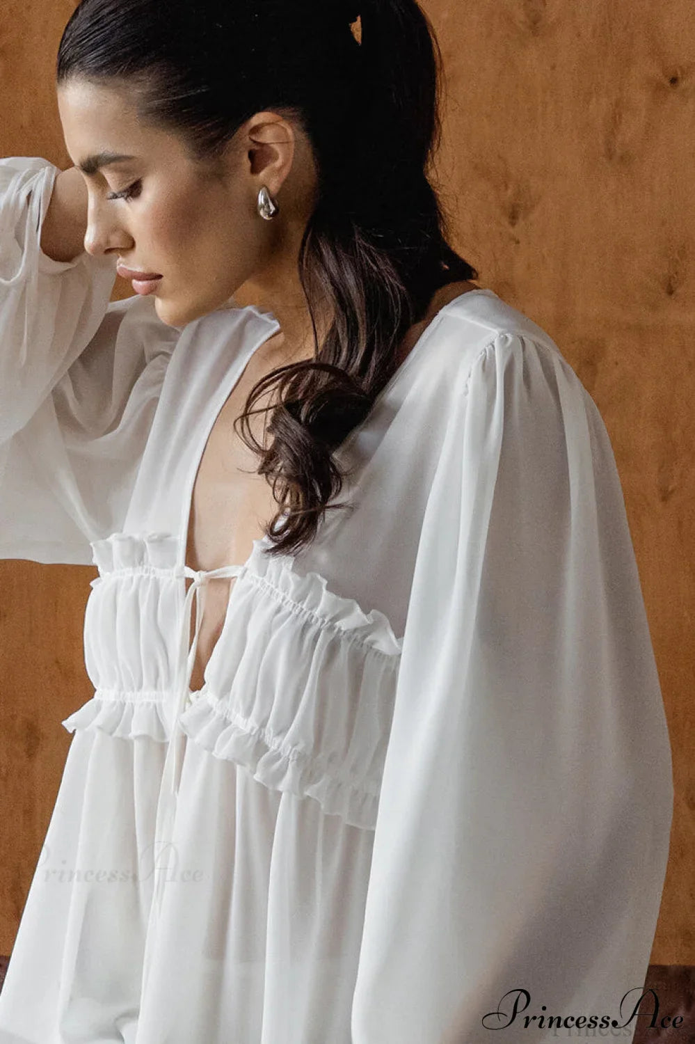 White Chiffon Ruffled Tie V Neck Blouse image 3