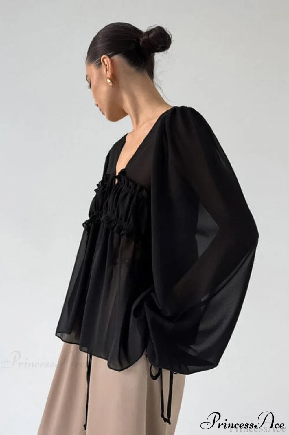 White Chiffon Ruffled Tie V Neck Blouse image 5