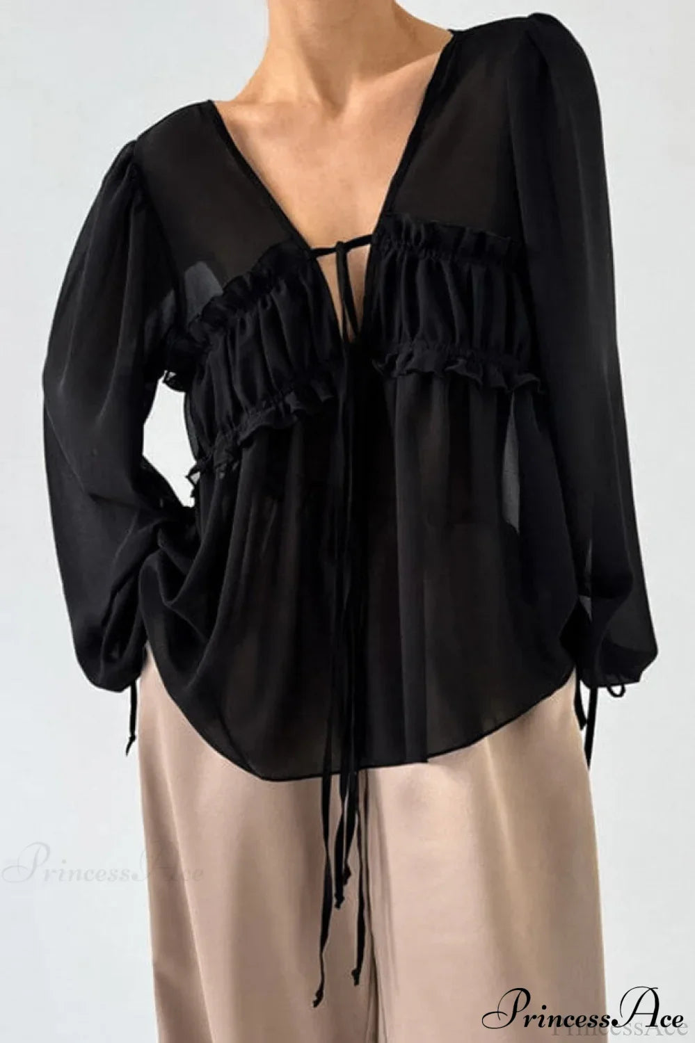 White Chiffon Ruffled Tie V Neck Blouse image 4