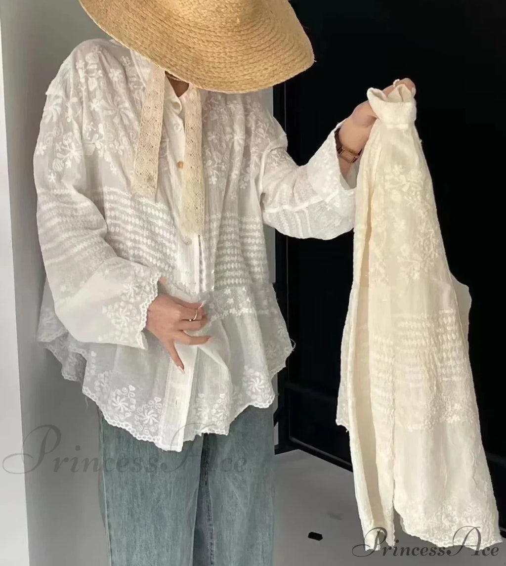 White Cotton Embroidery Lace Long Sleeve Boho Beach Blouse image 1
