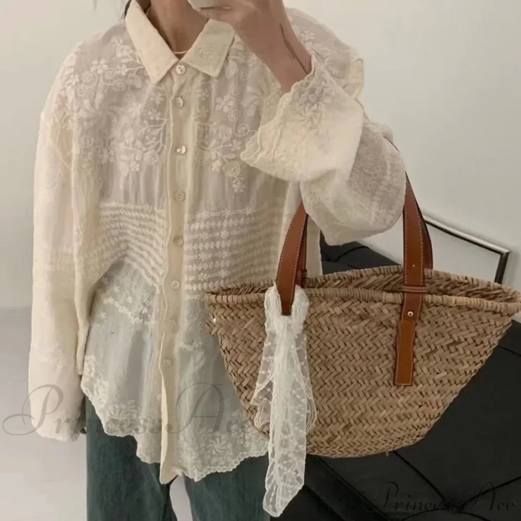 White Cotton Embroidery Lace Long Sleeve Boho Beach Blouse image 2