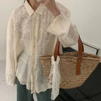 White Cotton Embroidery Lace Long Sleeve Boho Beach Blouse image 2