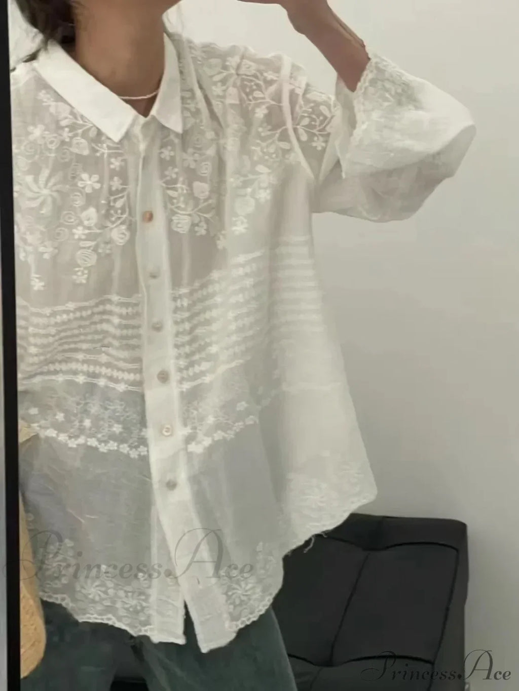 White Cotton Embroidery Lace Long Sleeve Boho Beach Blouse image 3