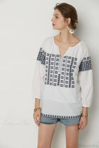 White Cotton Embroidery V-Neck Loose Pullover Boho Blouse image 4