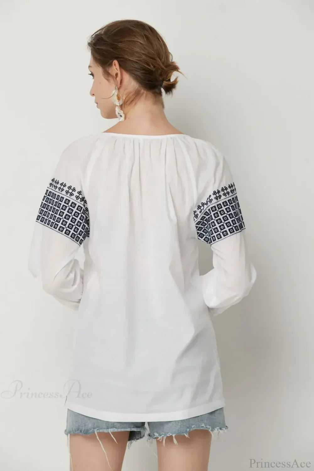 White Cotton Embroidery V-Neck Loose Pullover Boho Blouse image 5